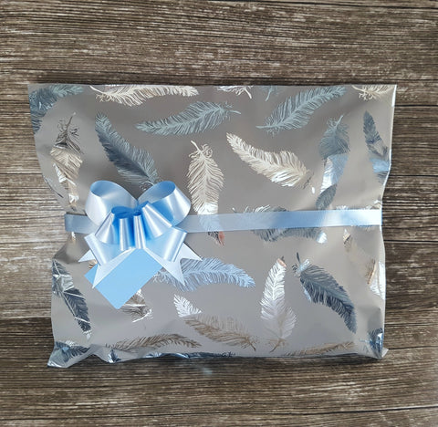 Feather Print Gift Bag - Blue Bow and Tag